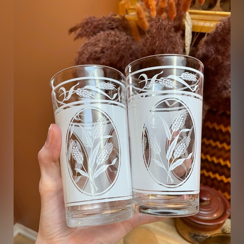 Hazel Atlas Highball Glasses Wheat Illustration & Gold Rims - 2Pc Set